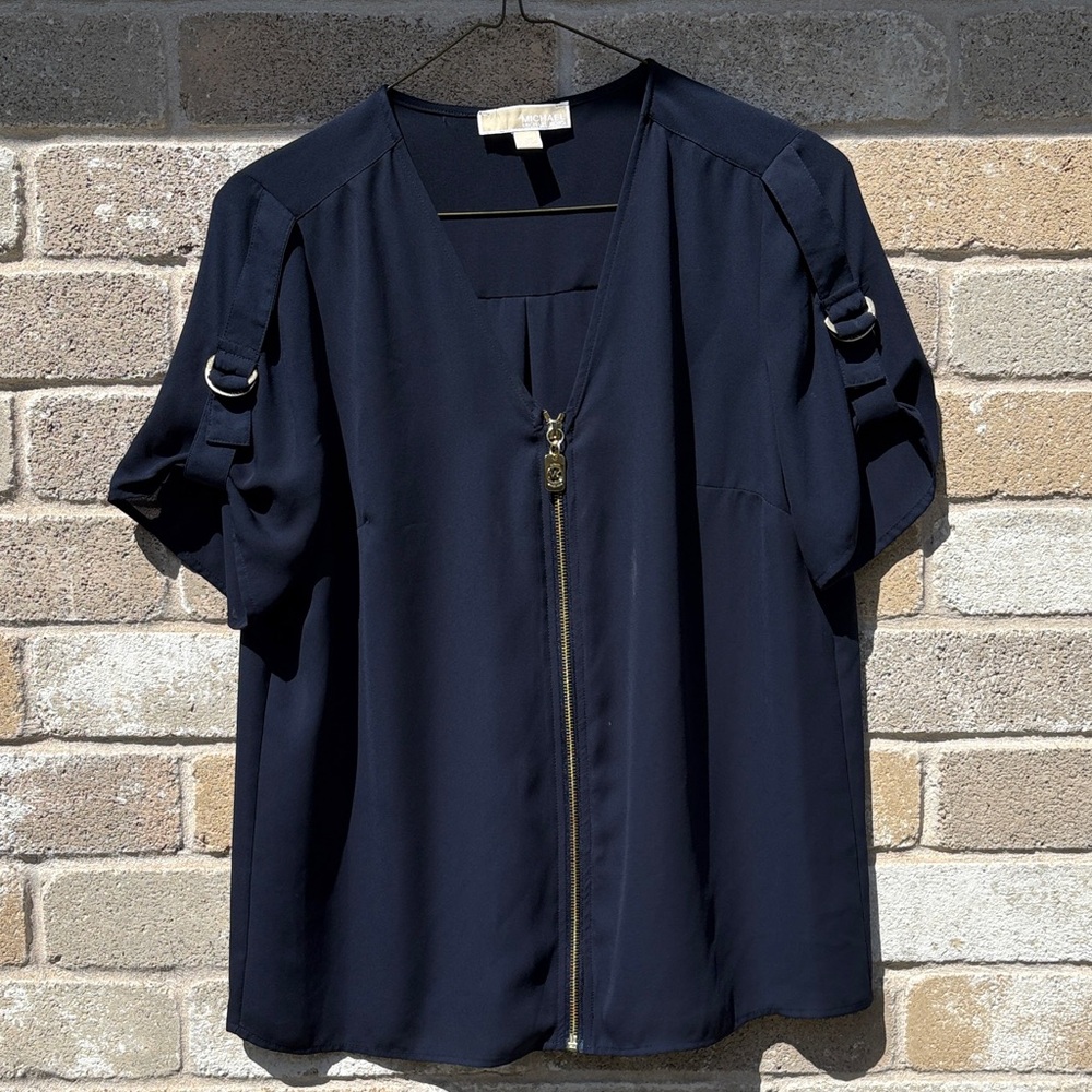 Michael Kors Navy Blouse with Gold Zipper